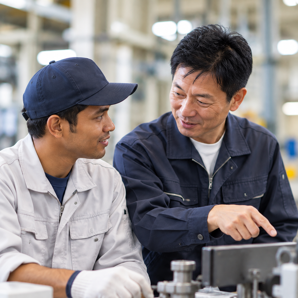 外国籍社員と日本人社員が職場で話している様子
